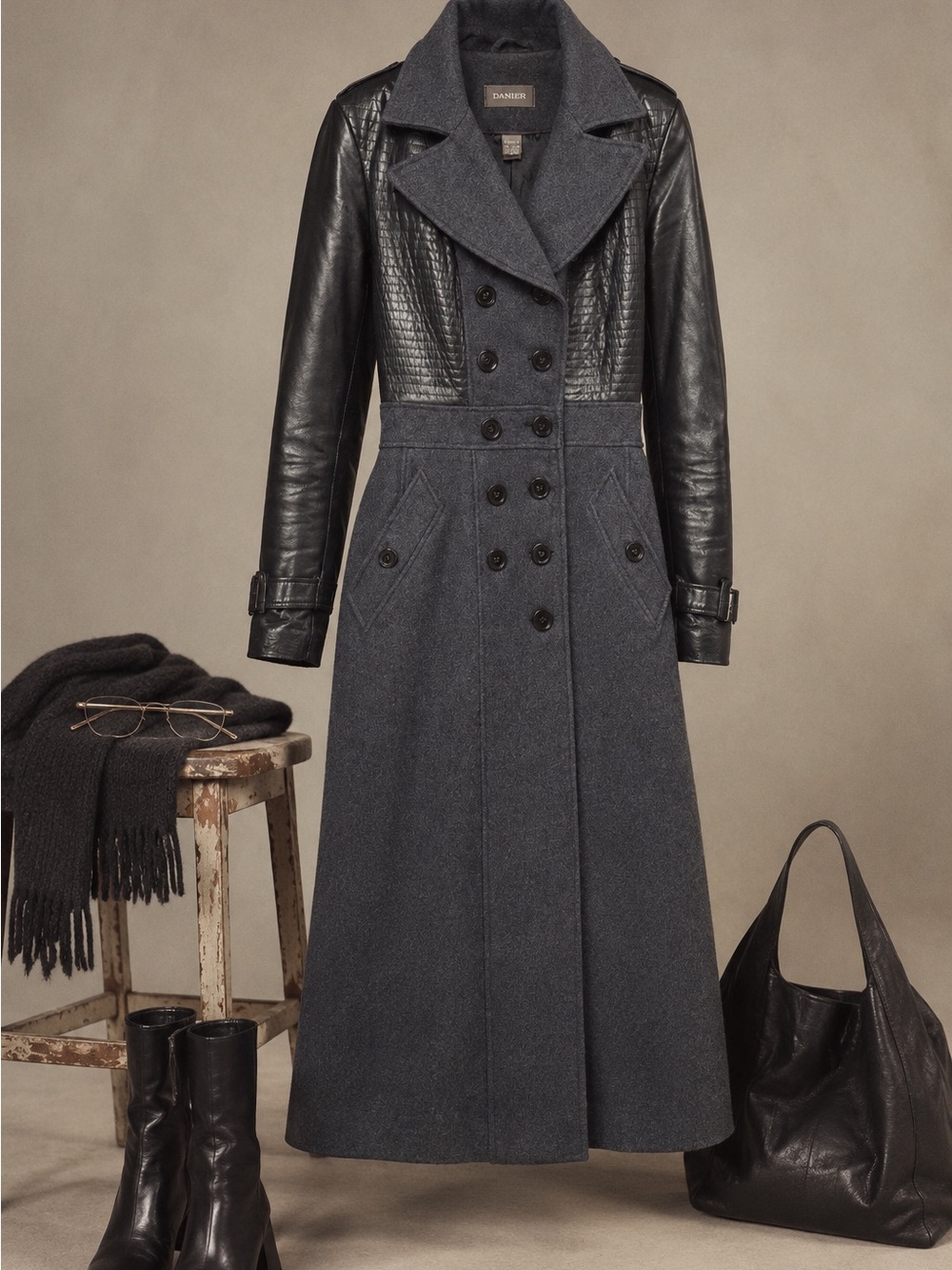 Vintage Danier Two-Tone Long Leather and Wool Trench Coat in Dark Gray and Black